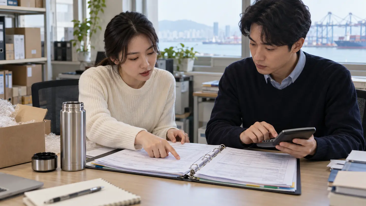 상품 샘플과 원산지 증빙 서류를 함께 검토하는 수입 담당자