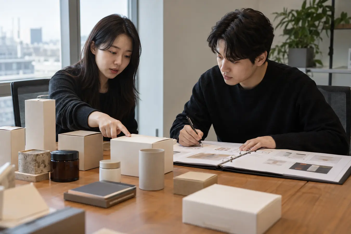포장재 시제품과 재활용 비용 자료를 검토하는 상품기획팀