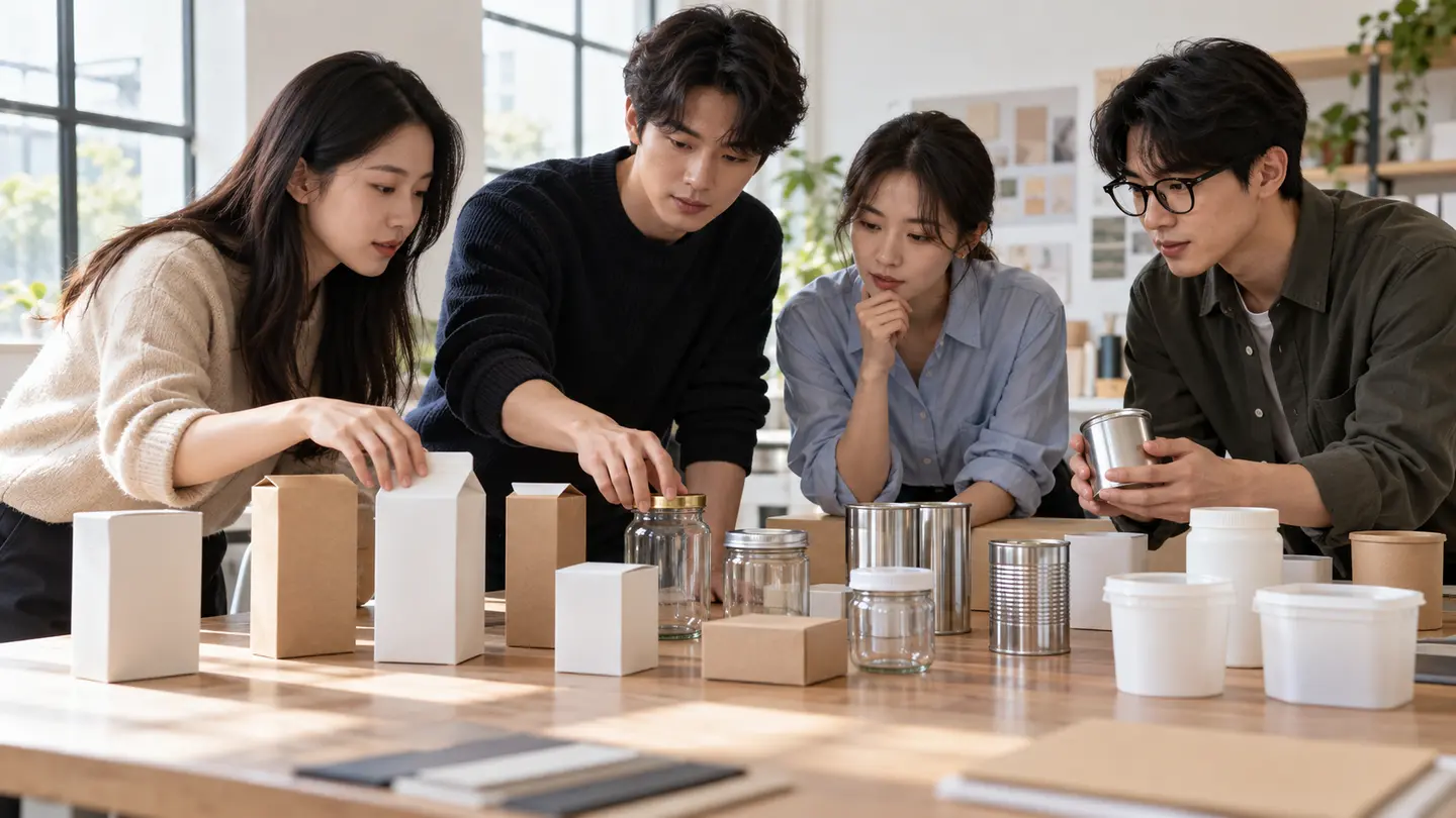 종이 상자와 유리병 금속캔 플라스틱 용기를 비교하는 브랜드팀
