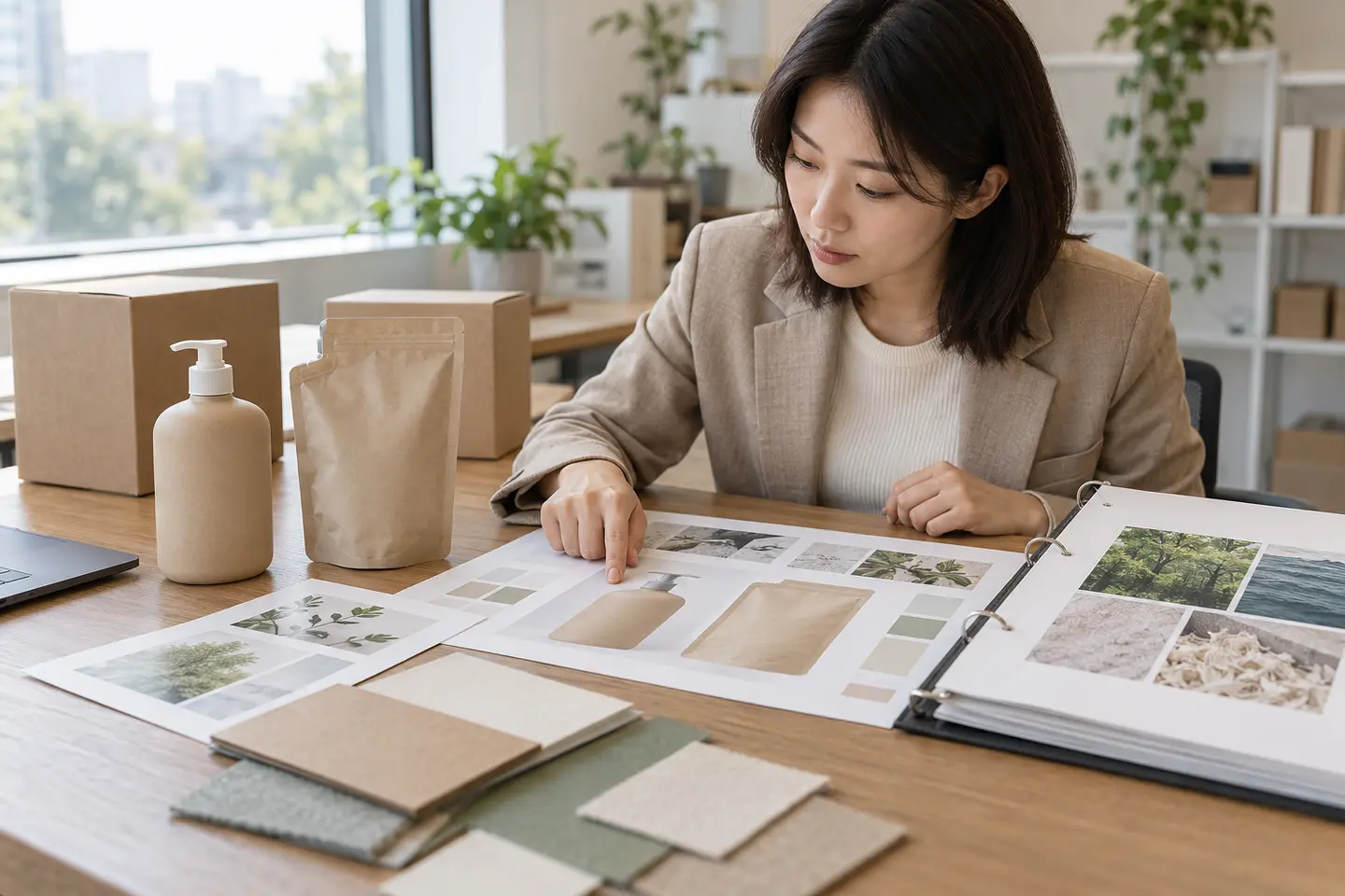 자연광 책상에서 친환경 포장 샘플과 근거 서류를 검토하는 팀