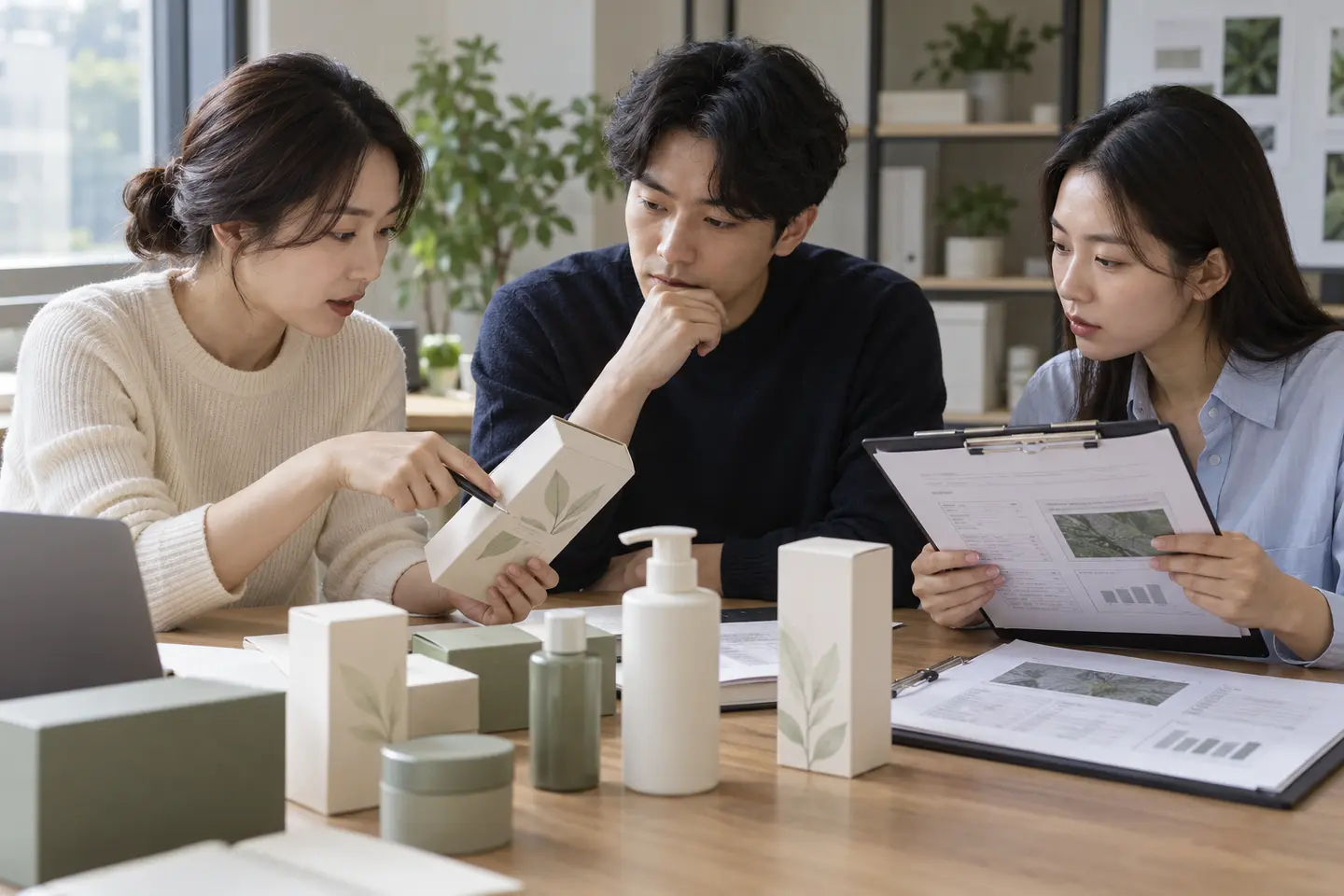 회의실 테이블에서 제품 포장과 문구 자료를 대조하는 실무자