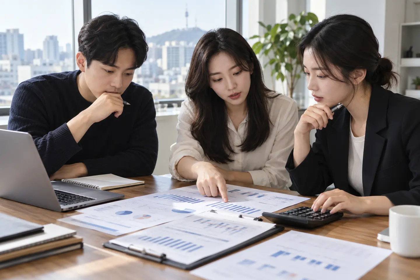 회의 테이블에서 발송 결과 자료와 노트북을 점검하는 팀