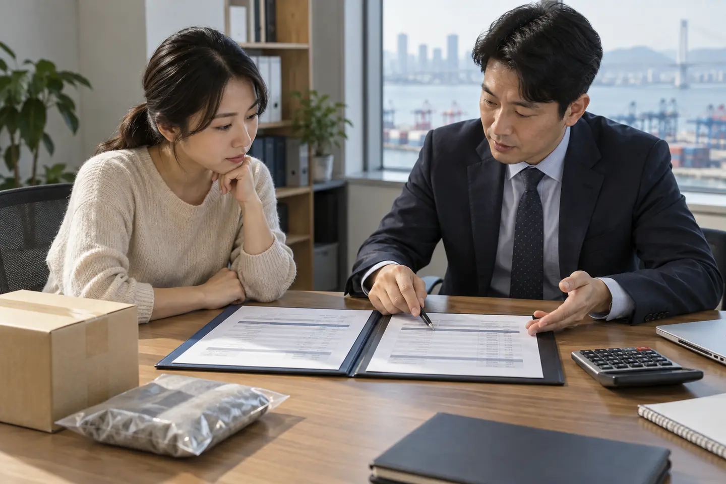 통관 서류와 화물 상자를 함께 확인하는 수입 담당자