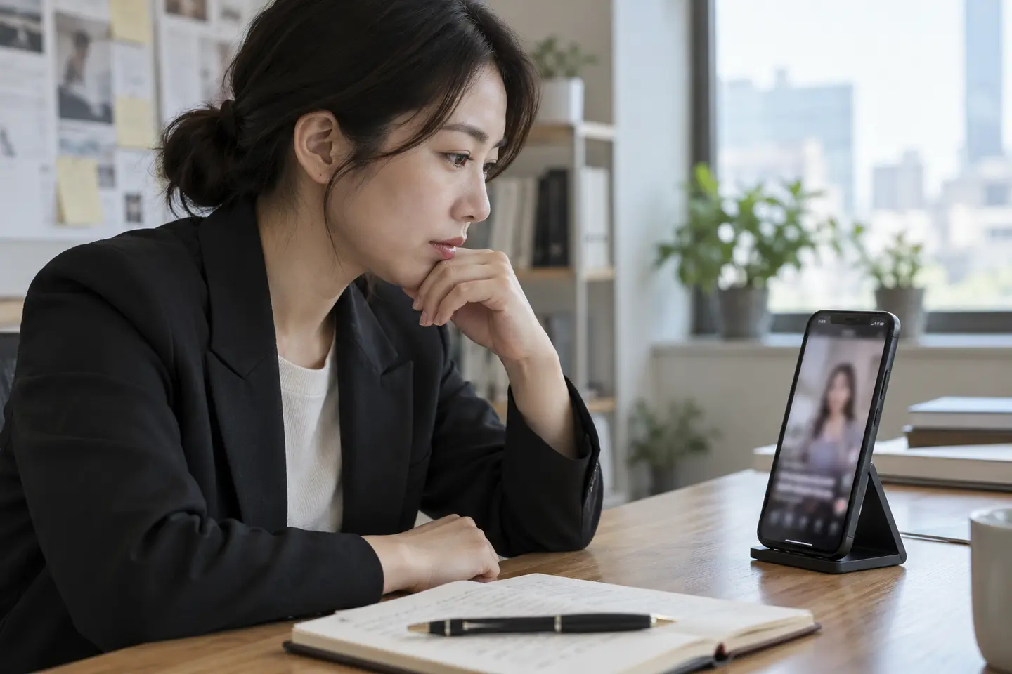 세로 영상의 협찬 표기 위치를 점검하는 검수 담당자