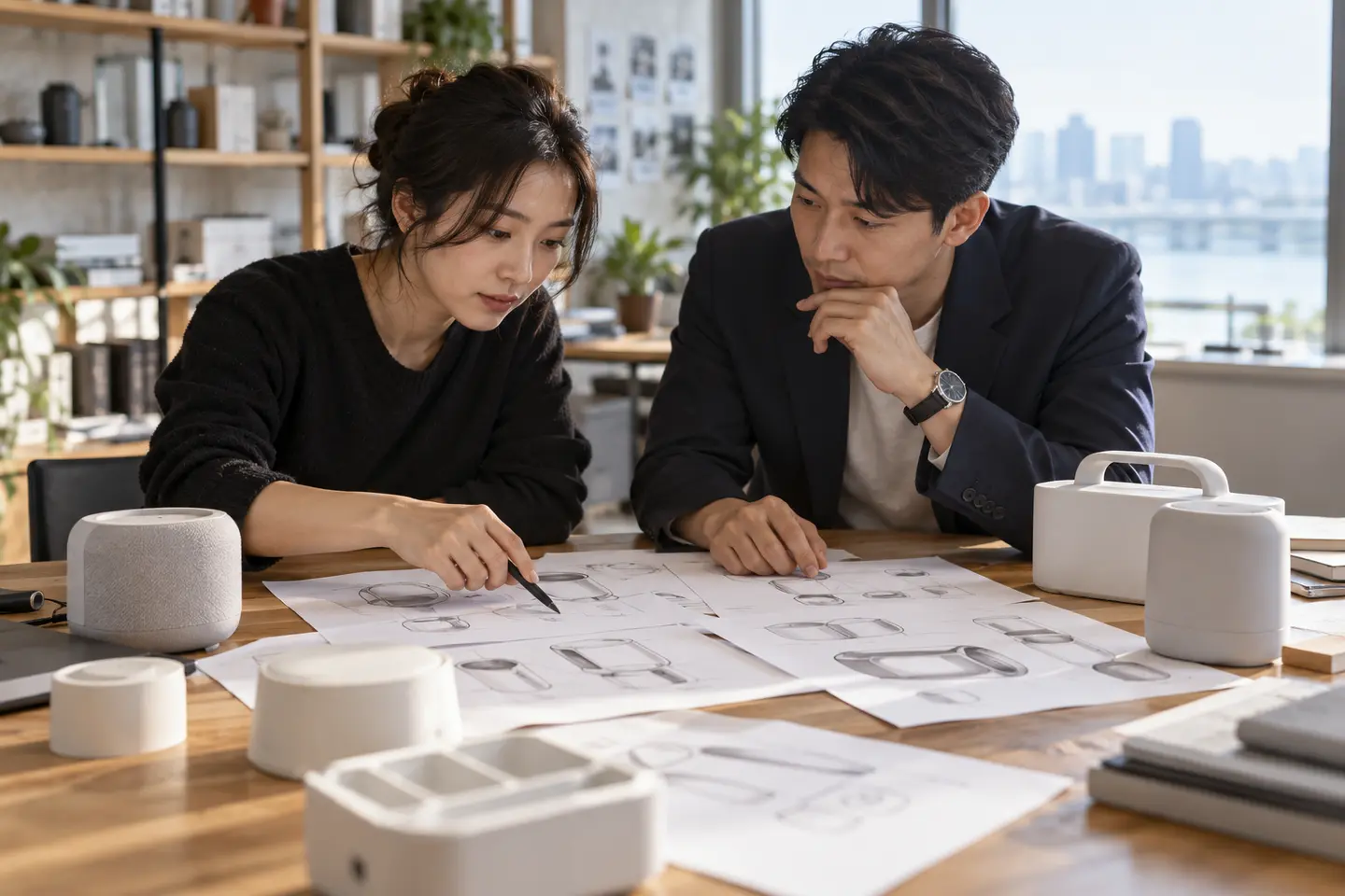 제품 디자인 도면과 시제품을 검토하는 브랜드 담당자