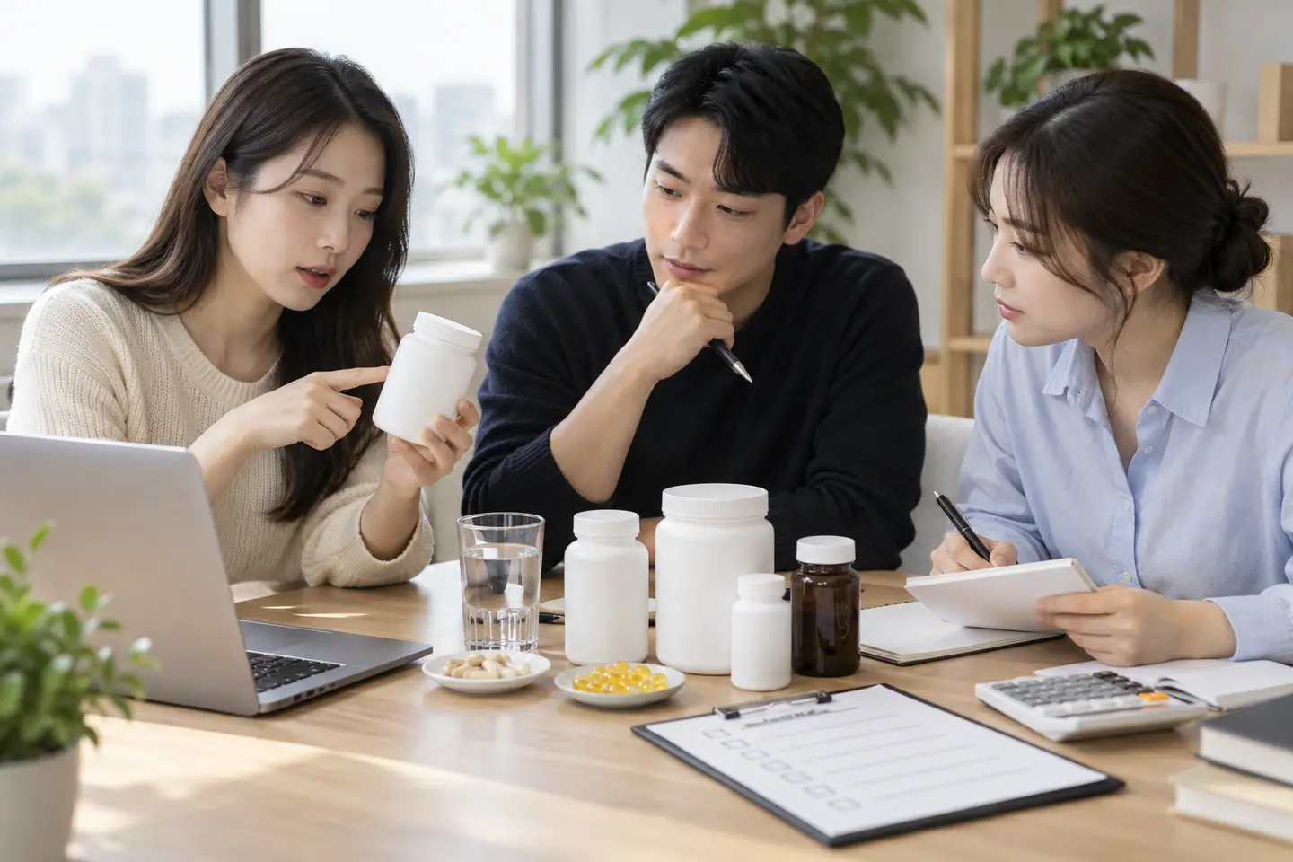 건강기능식품 캠페인 자료를 함께 검토하는 브랜드 팀