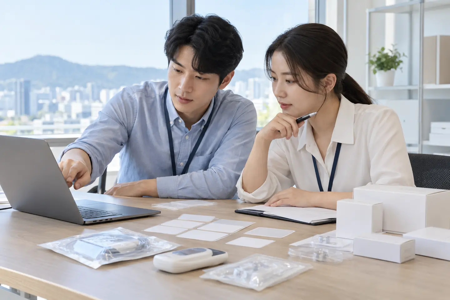 의료기기 등록자료와 라벨 샘플을 검토하는 운영 담당자