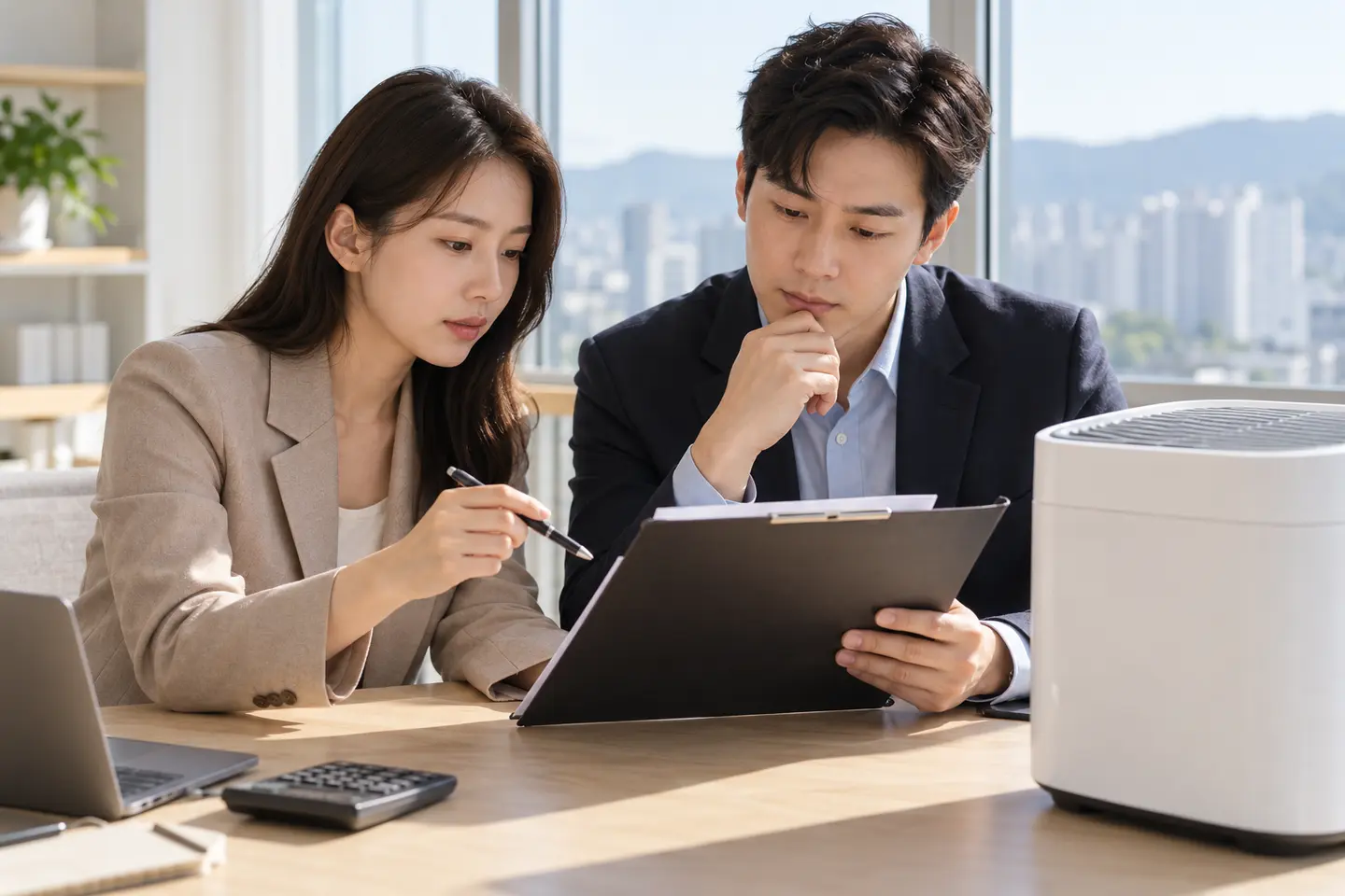 시험성적서와 제품 모델을 검토하는 전자제품 수입 담당자