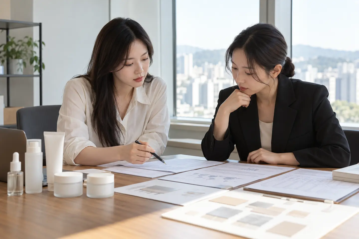 화장품 공급자 자료와 제품 샘플을 함께 검토하는 브랜드 팀