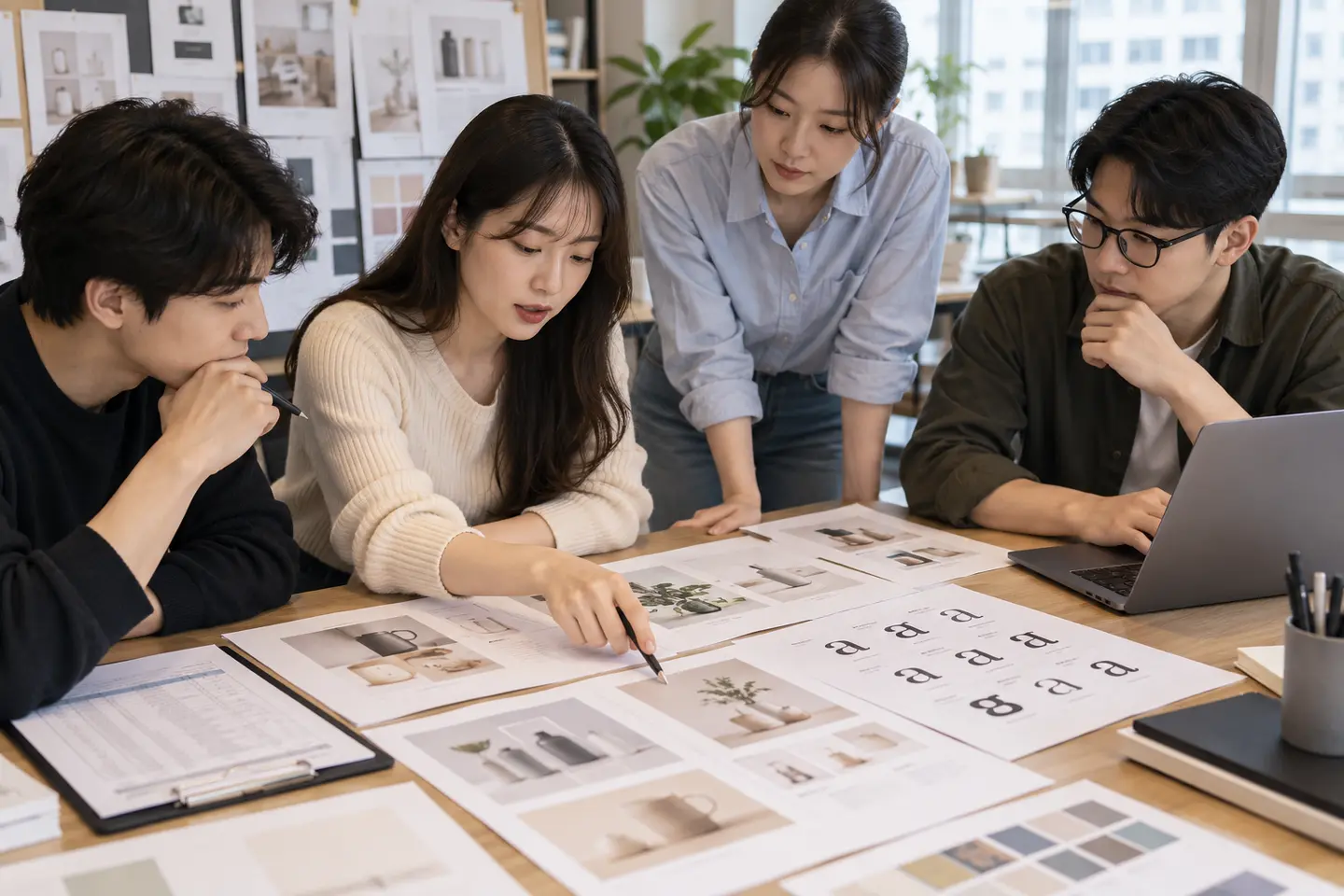상세페이지 시안과 폰트 사용기록을 검토하는 디자인 팀
