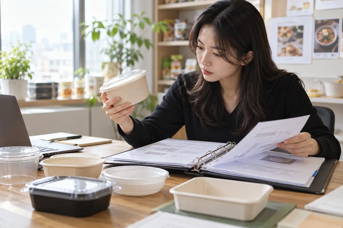 포장재 샘플과 공급자 자료를 확인하는 식품 브랜드 담당자