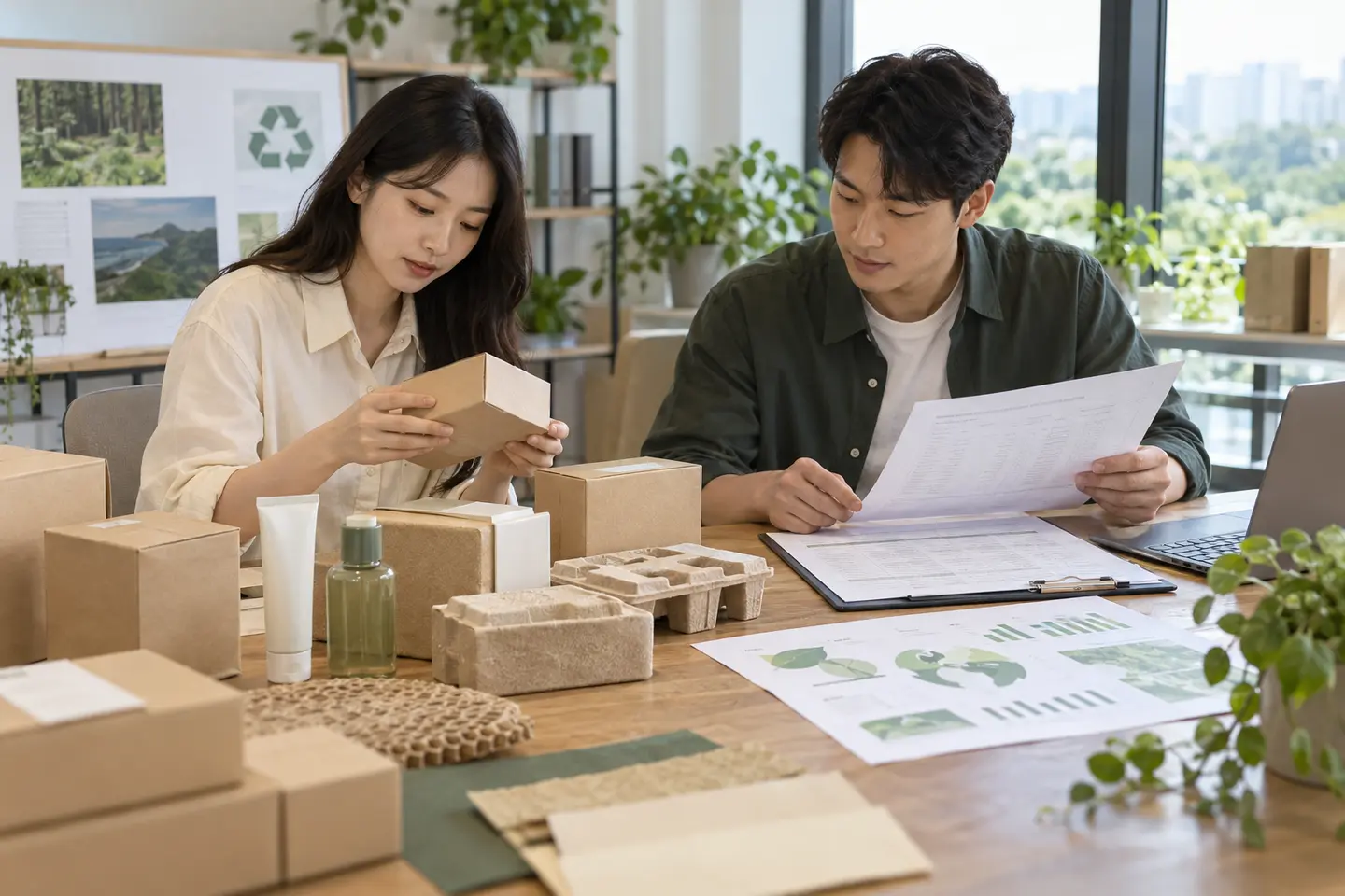 포장재와 공급자 자료를 분류하는 브랜드 실무자