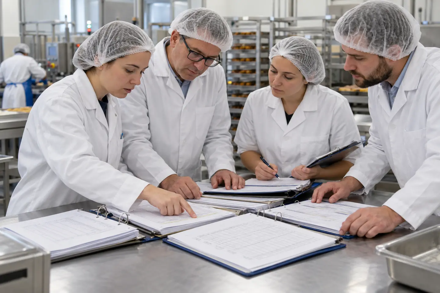 HACCP 자체평가 자료를 검토하는 식품안전팀