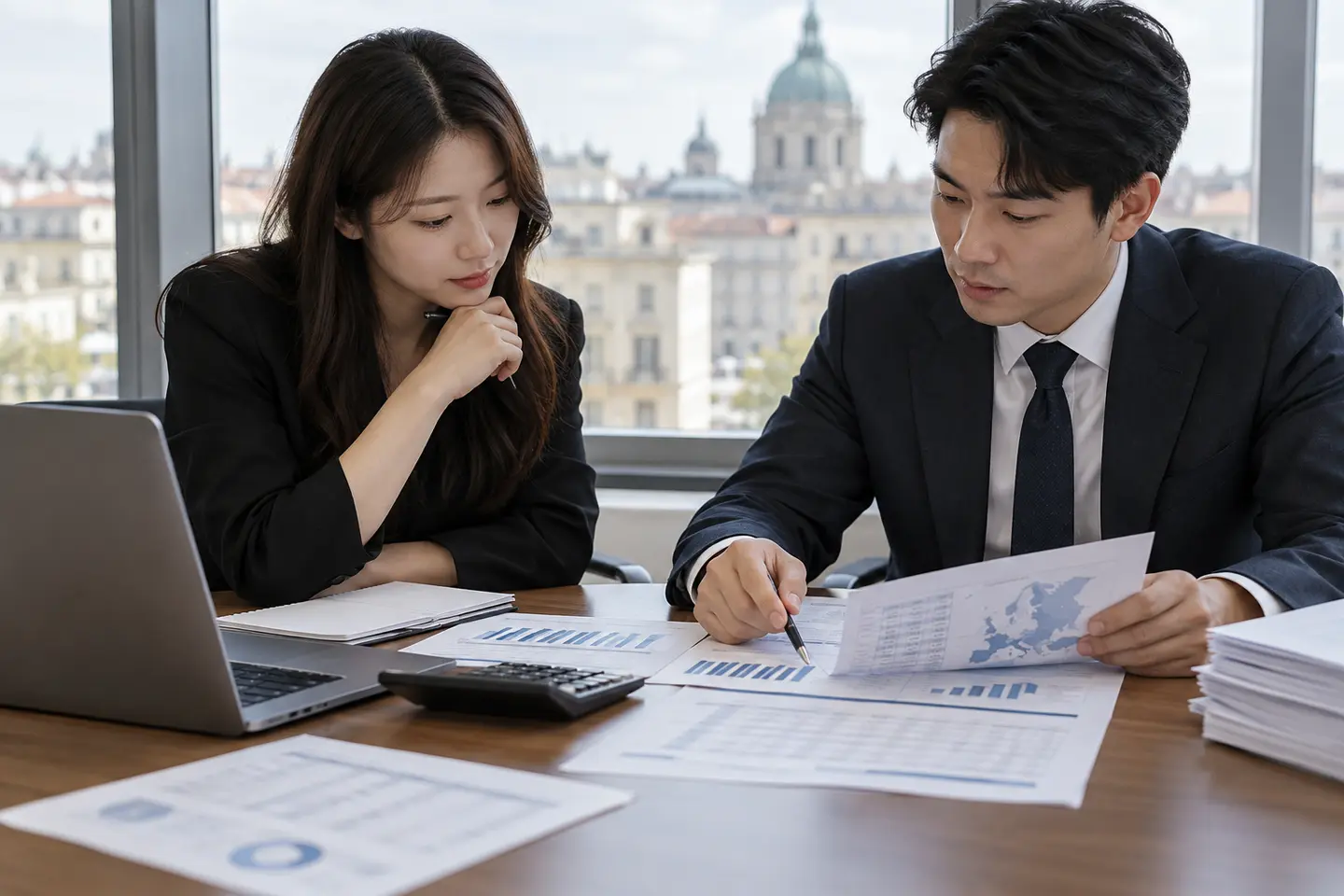 EU 부가세 주문 자료를 함께 검토하는 브랜드 담당자와 세무 전문가